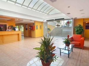 a lobby with a chair and a table and plants at Hotel Servigroup Romana in Alcossebre