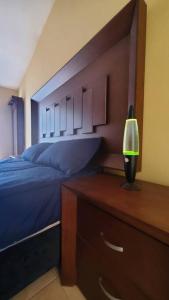 ein Schlafzimmer mit einem Bett und einer Lampe auf einer Kommode in der Unterkunft Alojamiento completo Tabachines in Ixtapan de la Sal