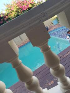 - une vue sur la piscine depuis la terrasse couverte d'une maison dans l'établissement Bougainvillea at Boskruin, à Johannesbourg