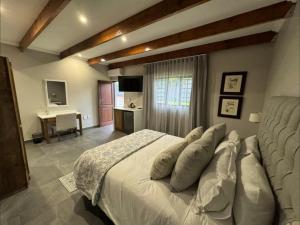 a bedroom with a bed with pillows and a desk at De Akker Guest House Louis Trichardt in Louis Trichardt