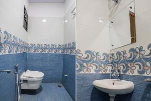 Duas fotografias de uma casa de banho com WC e lavatório. em FabHotel Royal Stay em Nagpur