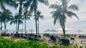 フーコックにあるMay Hotel Sonasea Phu Quocのヤシの木と椅子に座る人々のいるビーチ