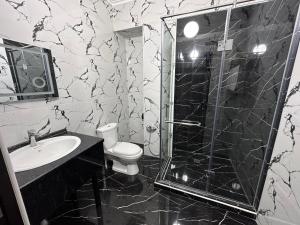 a black and white bathroom with a toilet and a shower at Faeton in Almaty