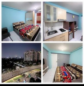 a collage of four pictures of a kitchen and a bedroom at Apartment studio kalibata city by alfan in Jakarta