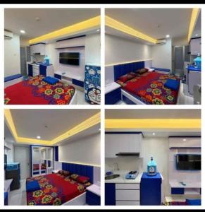 four different pictures of a bedroom with two beds at Apartment studio kalibata city by alfan in Jakarta