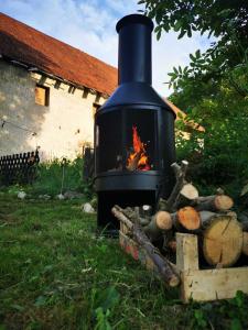 czarny piec z ogniem na podwórku w obiekcie Ferienwohnung Erlwein 
