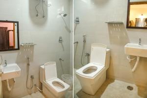 two pictures of a bathroom with a toilet and a sink at FabHotel Home Tree Service Apartment Kolathur in Chennai