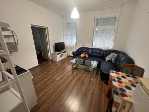 ein Wohnzimmer mit Ledersofa und Fernseher in der Unterkunft Wohnung 18A in Lutherstadt Eisleben