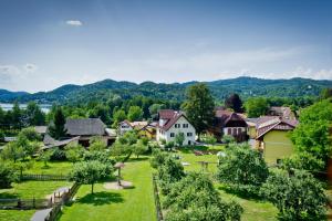 una vista aerea di un villaggio con case e alberi di Bauernhof Liendl a Keutschach am See