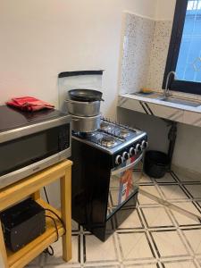 a kitchen with a stove and a microwave at Primier Mansion Guest Home in Limbe