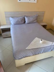 uma cama com um rolo de papel higiénico sentado nela em JUBILEE EXECUTIVE LODGE em Lusaka