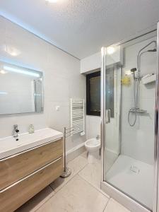 y baño con ducha, lavabo y aseo. en Luxurious 3 Rooms, Pool, Bnbrickeys en Beausoleil
