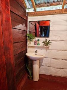 Bird House Mirissa في ميريسا: حمام مع حوض ومرآة