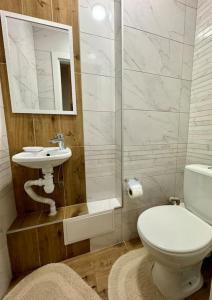 een badkamer met een toilet, een wastafel en een douche bij Вірменська 12 in Lviv