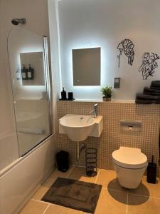 a bathroom with a toilet and a sink at Unique Cathedral Quarter Victorian Apartment in Sheffield