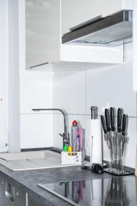 uma bancada de cozinha com um lavatório e uma bancada em Schöne Wohnung am See mit Wi-Fi & Netflix em Bielefeld