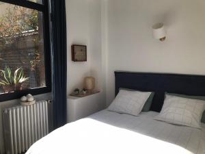 ein Bett mit zwei Kissen und ein Fenster in einem Zimmer in der Unterkunft LE JARDIN D'ALEXANDRE in Orléans
