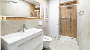 a bathroom with a toilet and a sink and a shower at Wonder Home - Domki Hillside tuż przy stoku narciarskim - na terenie kompleksu plac zabaw i zewnętrzna siłownia in Karpacz