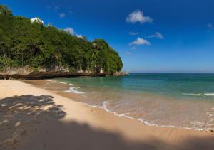 a sandy beach with trees and the ocean at Hotel Bintang in Kampungdurian