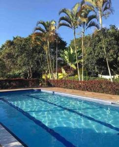 una piscina azul con palmeras en el fondo en Hotel Campestre Cafetal - Quindio - EJE CAFETERO, en Chorro Seco