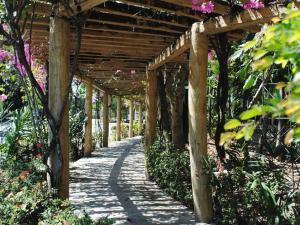 a wooden covered walkway in a garden with flowers at DJ Paradise Hotel in Tikay