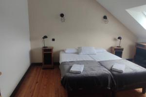 um quarto com uma cama com duas toalhas em La maison des gaves - Calme, Agréable, Local vélo em Pierrefitte-Nestalas