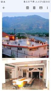 two photographs of a building with tables and chairs at Mashoo Resorts , Bhuntar in Shamshi