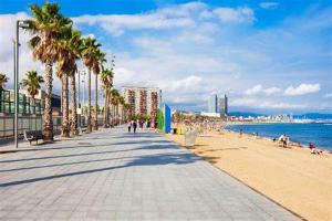 una playa con palmeras y gente caminando por una acera en BCN Gotico, en Barcelona