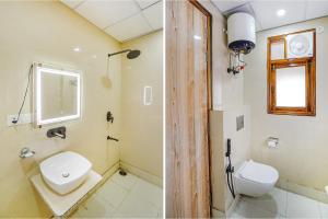 twee foto's van een badkamer met toilet en wastafel bij FabHotel ADA Residency in Noida