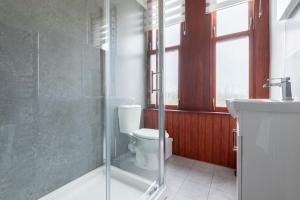a bathroom with a toilet and a shower and a sink at Bridge View Apartments in Dundee