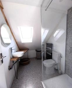 La salle de bains est pourvue de toilettes et d'un lavabo. dans l'établissement Appartement cosy chic La Ville au Monnier, à Pleurtuit