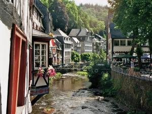 a river in a town with buildings and a bridge at Am alten Fachwerk in Monschau