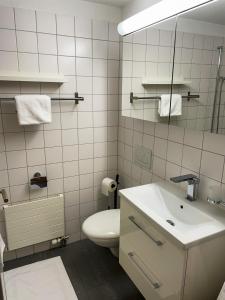 Baño blanco con aseo y lavamanos en Über den Dächern von Zürich am Flughafen, en Kloten