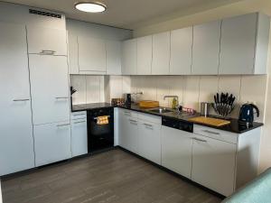 a white kitchen with white cabinets and a sink at Über den Dächern von Zürich am Flughafen in Kloten