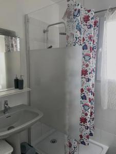 baño con lavabo y cortina de ducha en Appartement spacieux proche de paris en Carrières-sur-Seine
