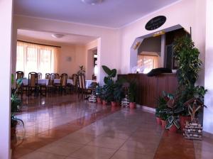 ein Esszimmer mit Tisch, Stühlen und Pflanzen in der Unterkunft JRB Hotel in Doctor Petru Groza