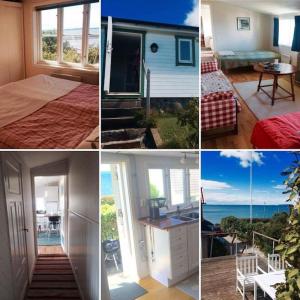 uma colagem de quatro fotos de um quarto e uma sala em Cottage by the ocean em Ängelholm
