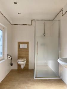 uma casa de banho com um chuveiro, um WC e um lavatório. em Pension Seehund em Norden