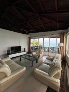 a living room with two couches and a television at Blue Bay Beachfront 3 bedrooms Penthouse in Blue Bay