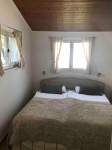 1 Schlafzimmer mit einem großen Bett und 2 Fenstern in der Unterkunft mini Haus mit Pergola -NL-00000196 in Tenero