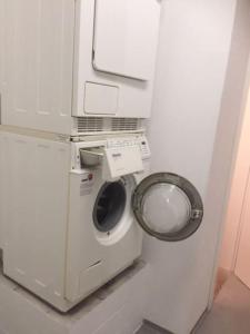 Waschmaschine und Trockner in einem kleinen Bad in der Unterkunft mini Haus mit Pergola -NL-00000196 in Tenero