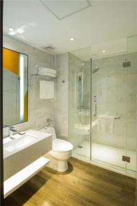 La salle de bains est pourvue de toilettes, d'un lavabo et d'une douche. dans l'établissement Borrman Hotel Jingzhou Jiangjin West Road Wanda Plaza Fantawild, à Caoshi