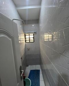 La petite salle de bains est pourvue d'une douche et d'une fenêtre. dans l'établissement Enugu Airbnb / shortlet Serviced Apartment, à Enugu