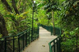 una pasarela en un parque con una valla verde en OYO 2400 Maleo Exclusive Residence, en Bandung