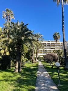 un chemin bordé de palmiers devant un bâtiment dans l'établissement Le Week Riviera III -3 étoiles-Plage du midi-Grande terrasse-Piscine-Cannes- Palais des Festivals, à Cannes