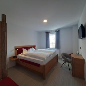 1 dormitorio con 1 cama, 1 silla y TV en Regenbogenhof Rudelswalde, en Crimmitschau