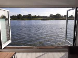 a window view of a lake from a boat at Hausboot Optima in Wangerland