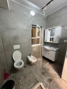 een badkamer met een toilet, een wastafel en een douche bij Ajla Komuna Apartament in Tirana