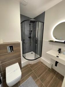 a bathroom with a shower and a toilet and a sink at Smart In Göttingen - Apartments & Rooms in Göttingen