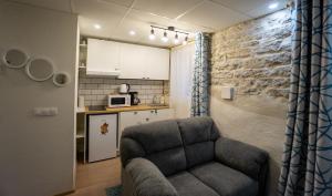 a living room with a couch and a kitchen at CraftFlat Kalamaja A in Tallinn